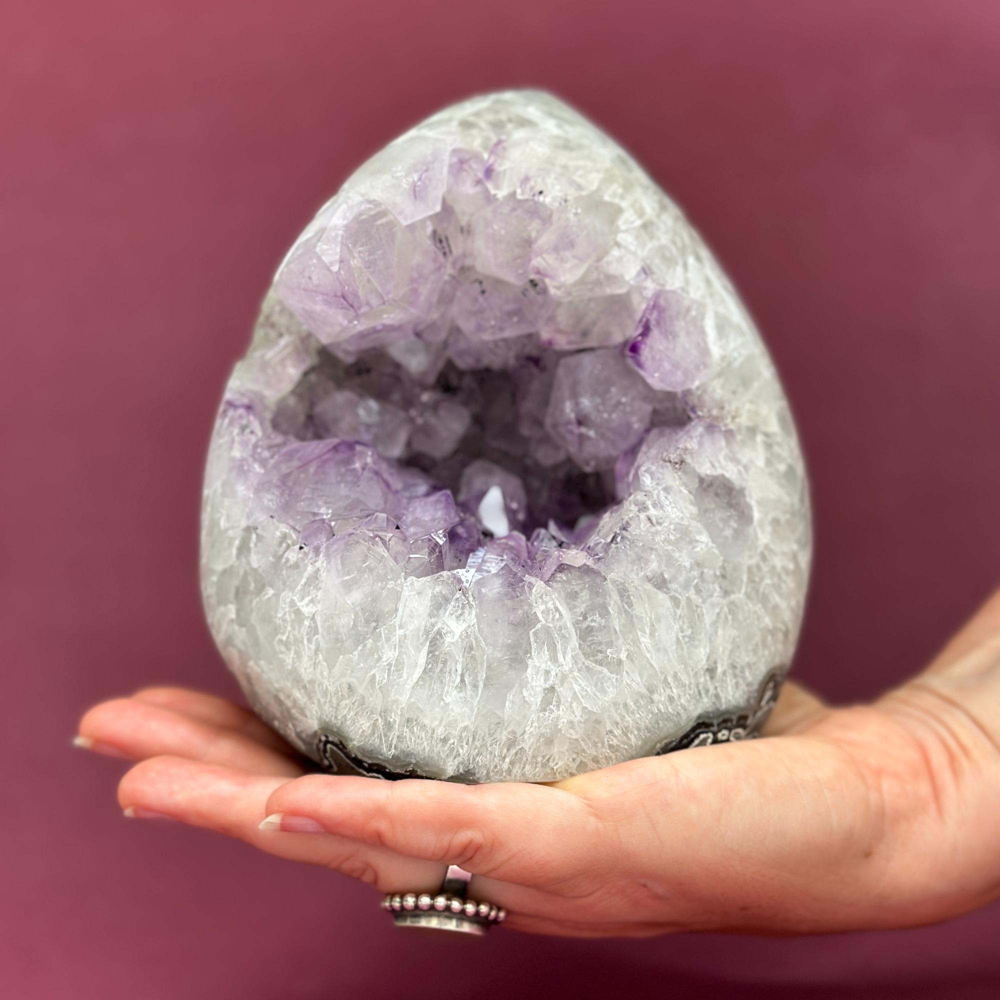 Amethyst Geode Crystal Egg with incredible Agate formations, Natural cave shaped polished agate stone