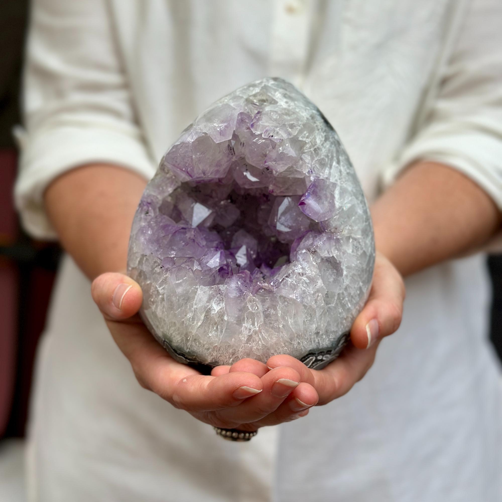 Amethyst Geode Crystal Egg with incredible Agate formations, Natural cave shaped polished agate stone